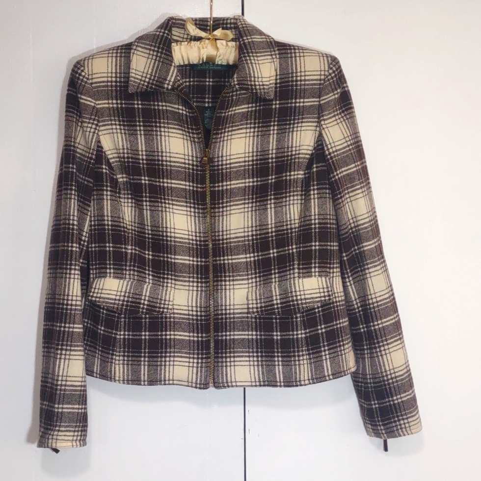 Lauren By Ralph Lauren Brown And Cream Plaid Zip Front Jacket. Size 4